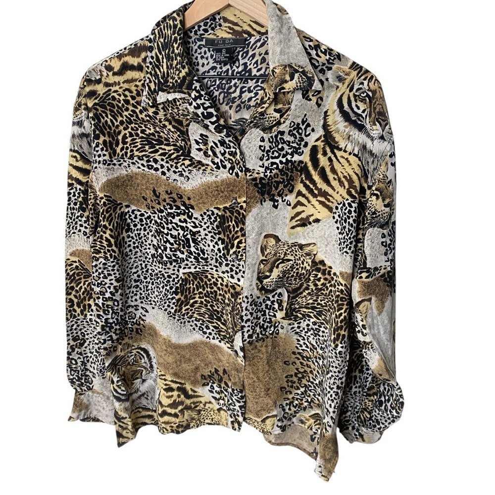 Fu Du Vintage Animal Print Brown and Black Button Down Shirt